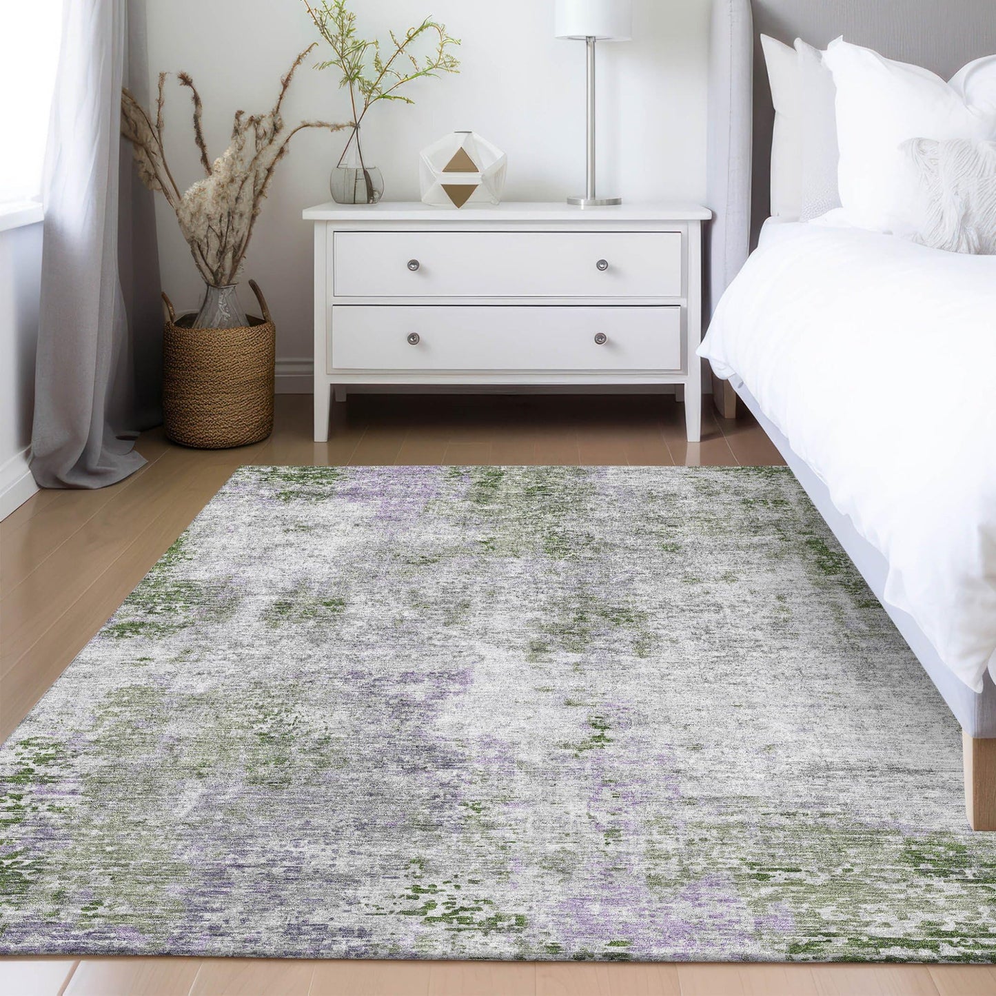 5' X 8' Olive Green and Gray Abstract Washable Indoor Outdoor Area Rug