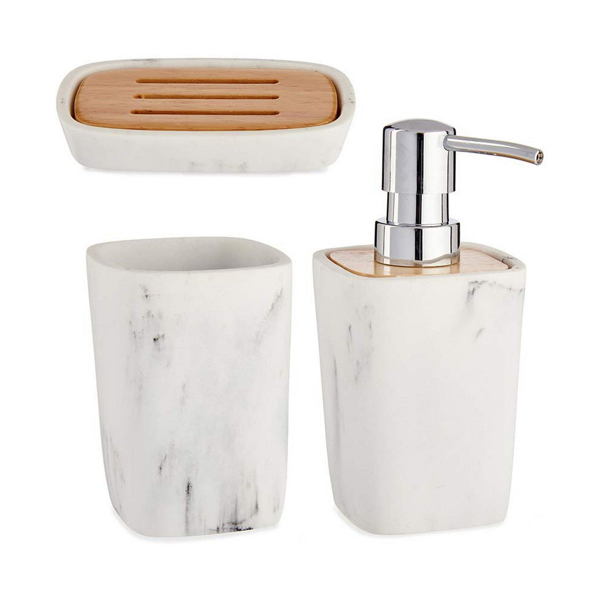 Bath Set White Brown Plastic Bamboo