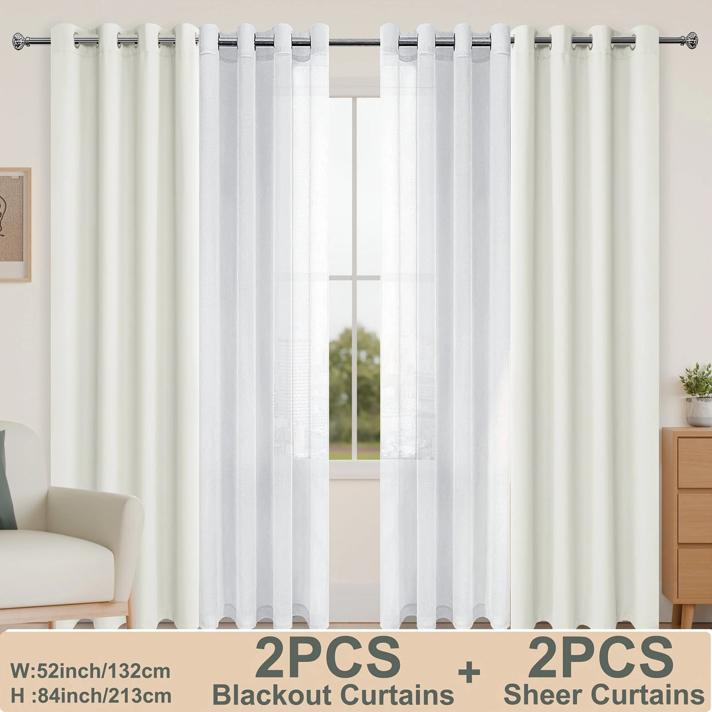 4pcs/SET Curtains - 2pcs Blackout Curtains with Tiebacks And 2pcs Sheer Curtains