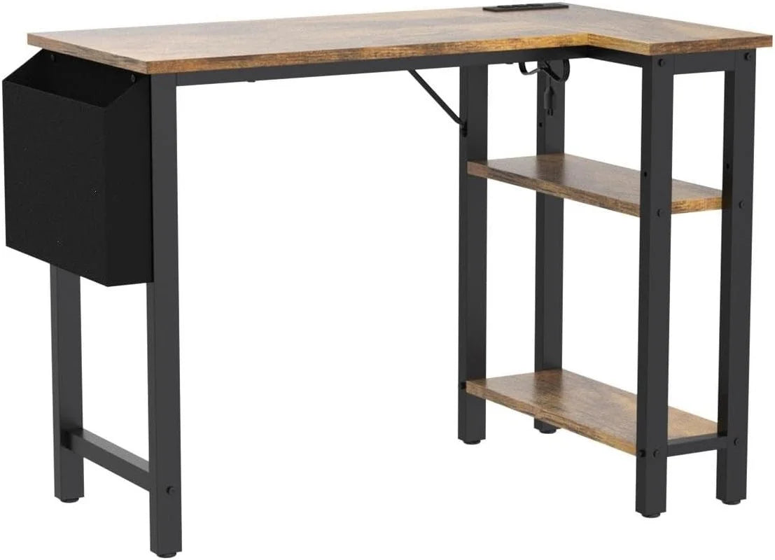 40 Inch L Shaped Desk With Power Outlet And Shelves Rustic Brown