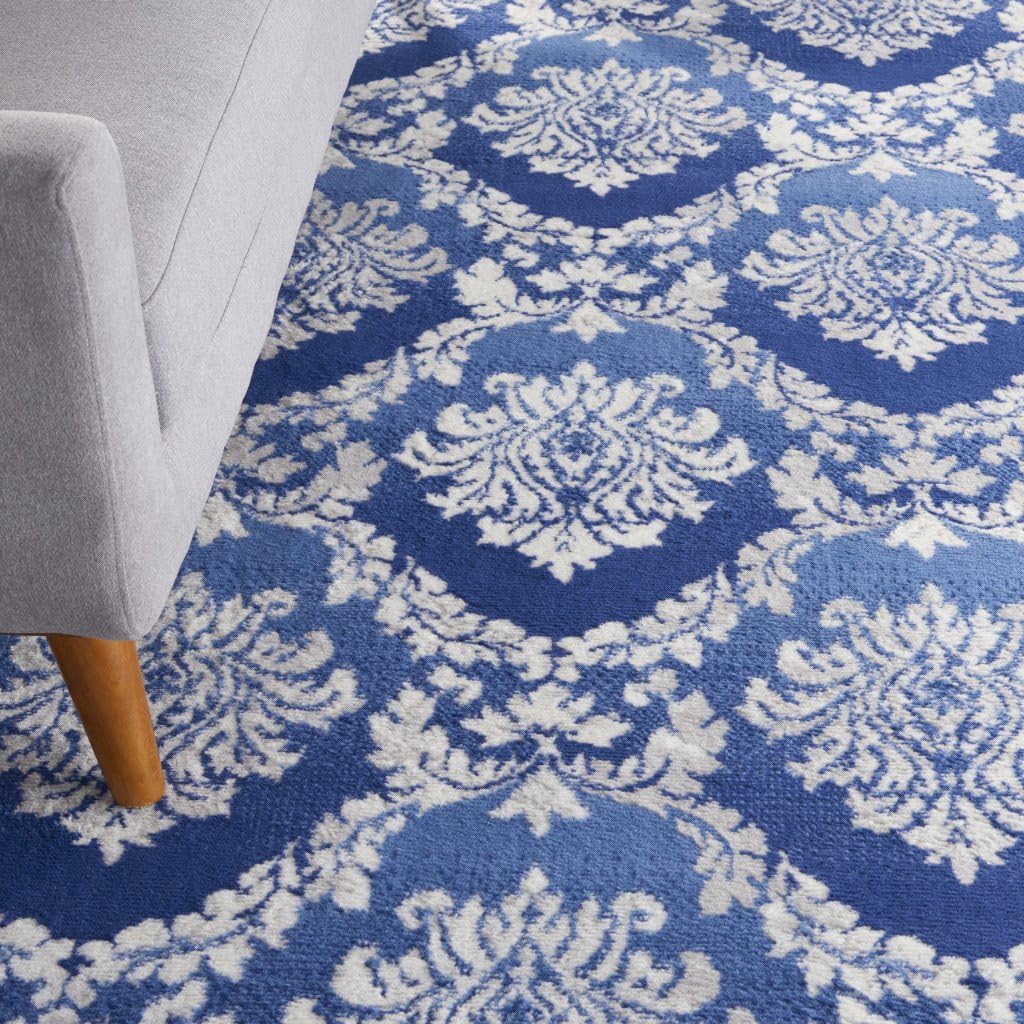7' X 10' Ivory and Blue Damask Distressed Non Skid Area Rug