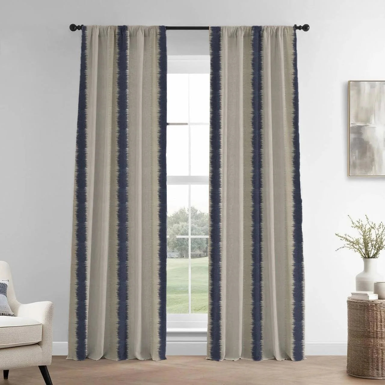 Flambe Navy Stripe Organic Linen Blackout Curtains - UK Bedroom Window Drapes - Standard & Made to Measure