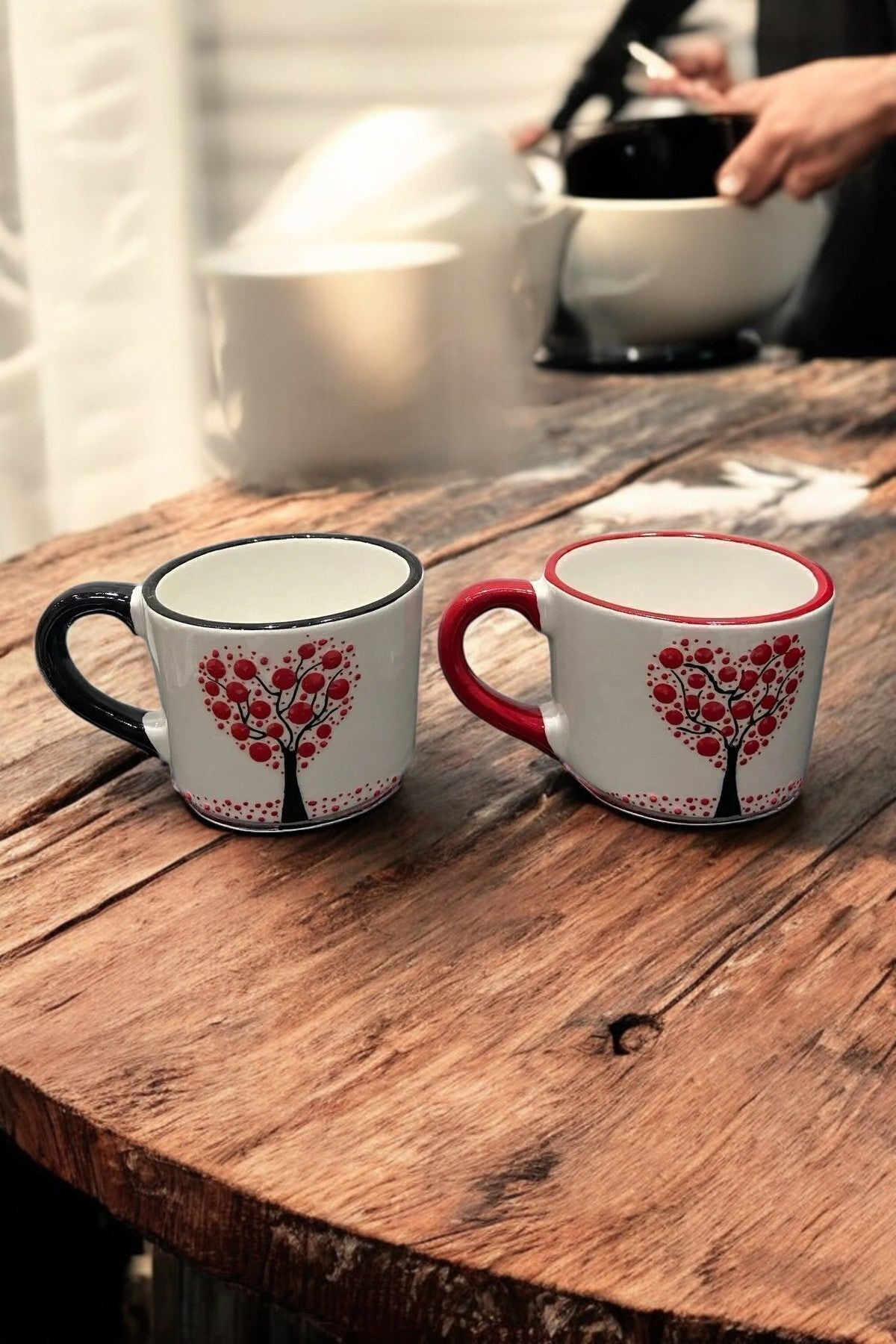 Set of 2 Handmade Ceramic Mugs with Embossed Tree and Heart Design