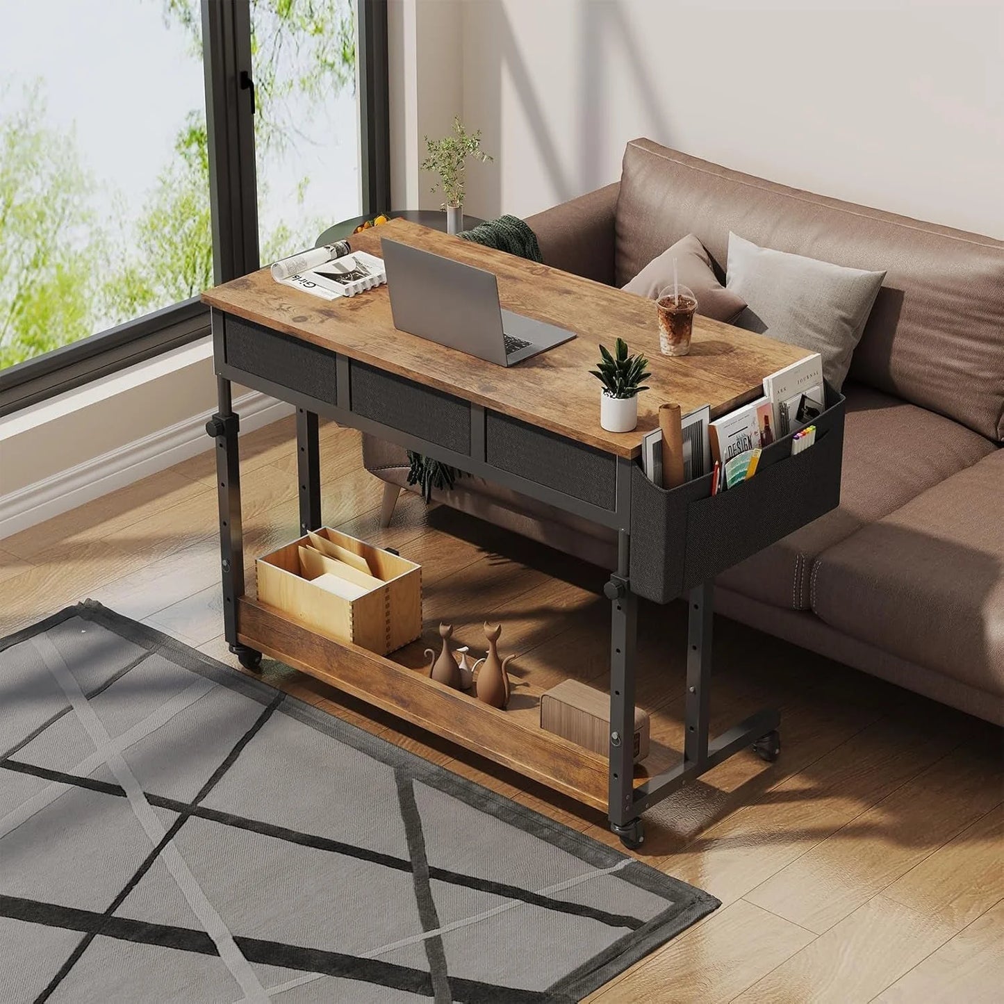 Rolling Height Adjustable Computer Desk With Drawers