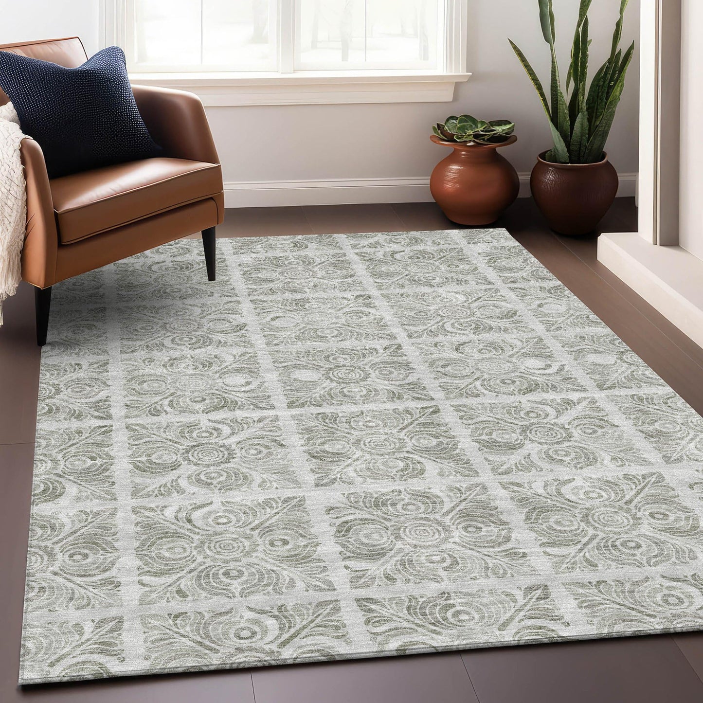 5' X 8' Taupe Beige and Tan Medallion Washable Indoor Outdoor Area Rug