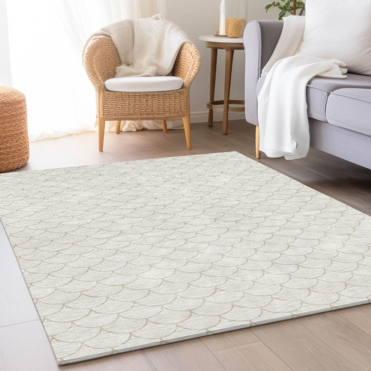 5' X 8' Ivory and Beige Geometric Washable Area Rug with UV Protection
