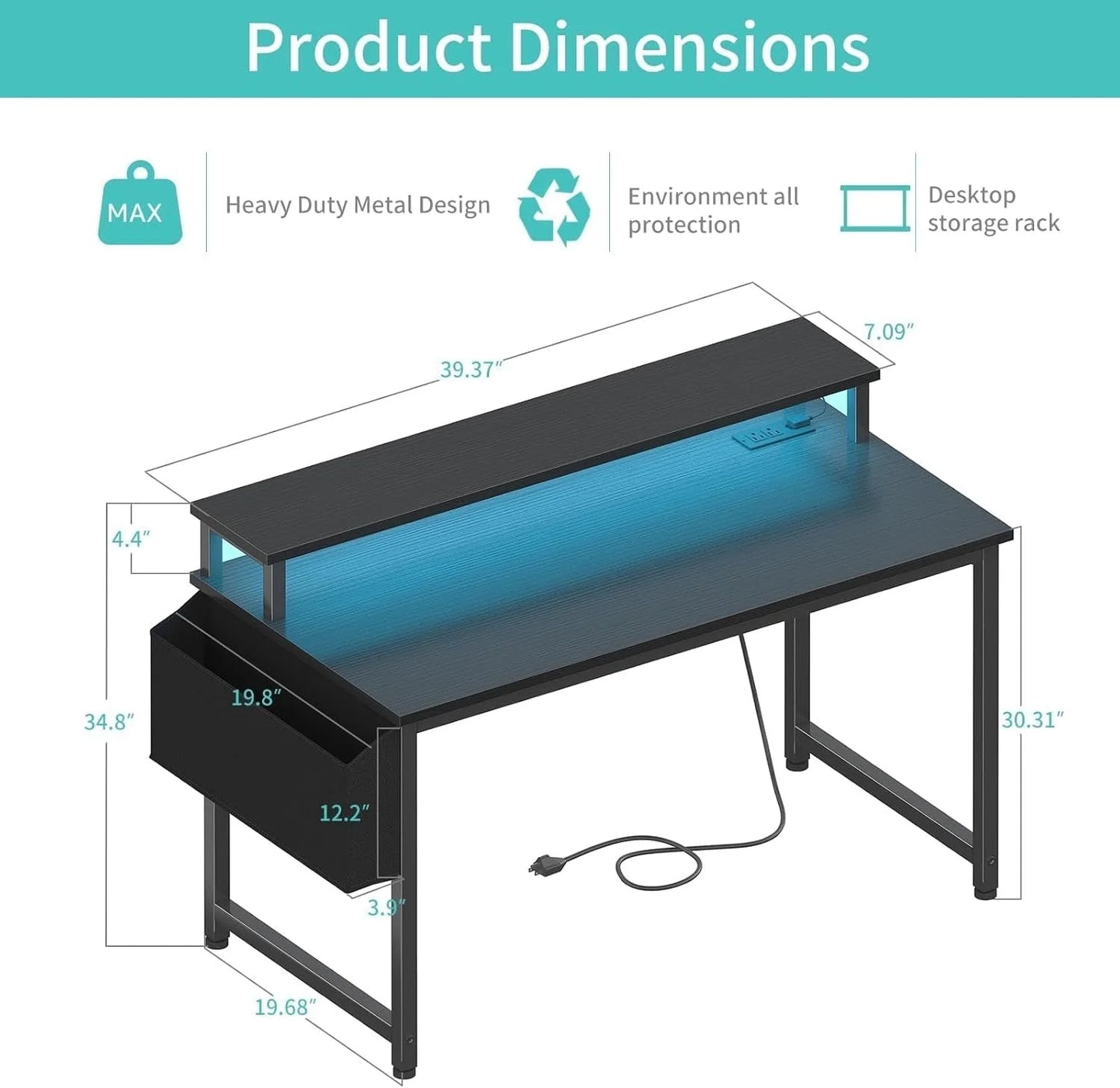 40 Inch Wide Gaming Desk With RGBLED Lighting Effects