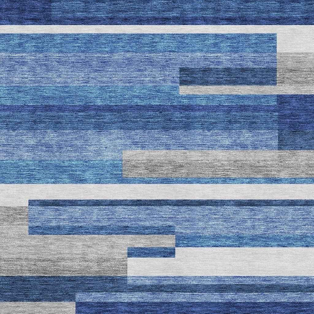 5' X 8' Blue Gray and Ivory Striped Washable Area Rug with UV Protection