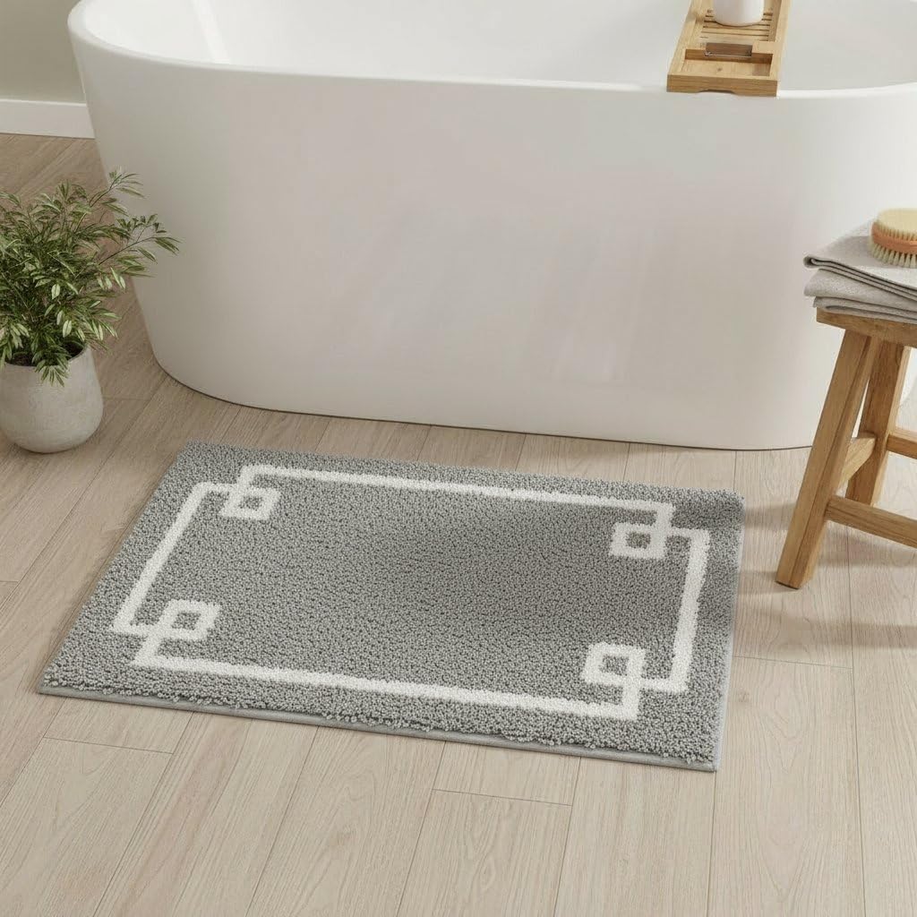 20" Gray and White Cotton Border Bath Rug