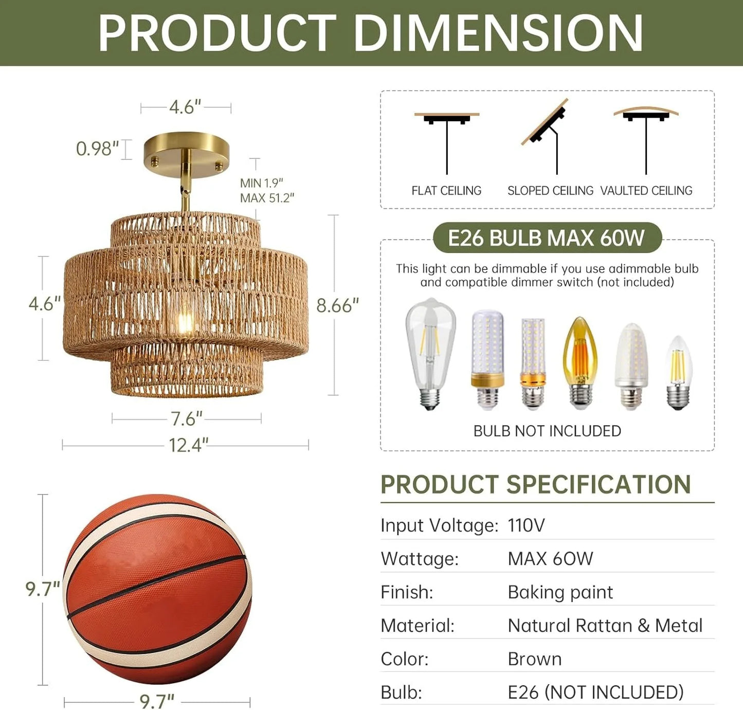 Boho Rattan Chandelier Handwoven Pendant Light Natural