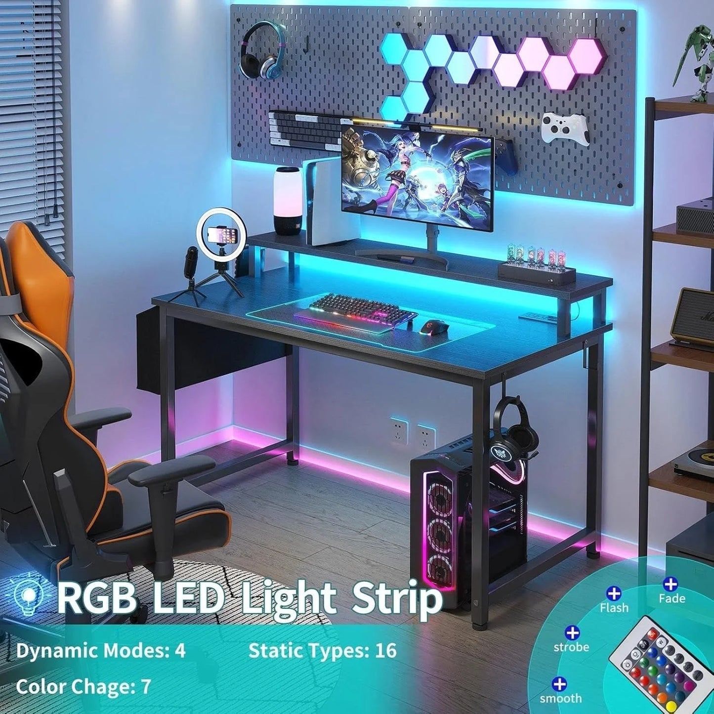 40 Inch Wide Gaming Desk With RGBLED Lighting Effects