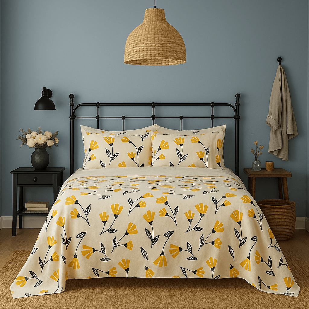 DaDa Bedding Yellow Fleur Golden Orange Floral Ivory Fitted & Flat Bed Sheets Set (18112)