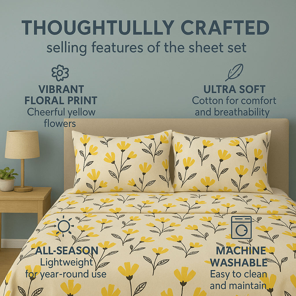 DaDa Bedding Yellow Fleur Golden Orange Floral Ivory Fitted & Flat Bed Sheets Set (18112)