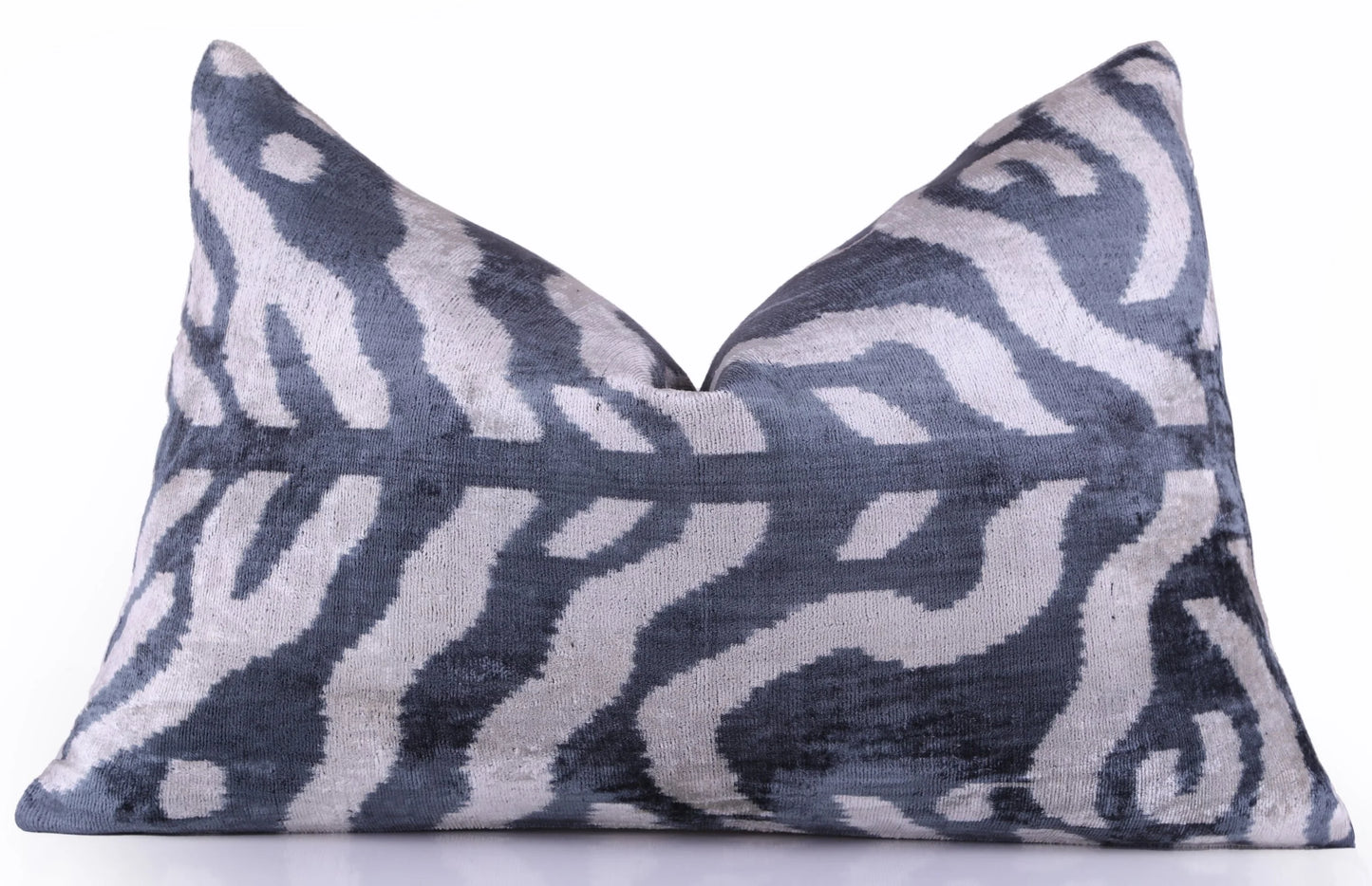 Handmade Velvet Pillow with insert – Blue-Gray Abstract Ikat, 16x24"