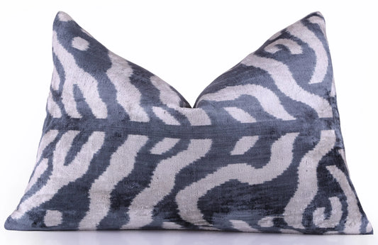 Handmade Velvet Pillow with insert – Blue-Gray Abstract Ikat, 16x24"