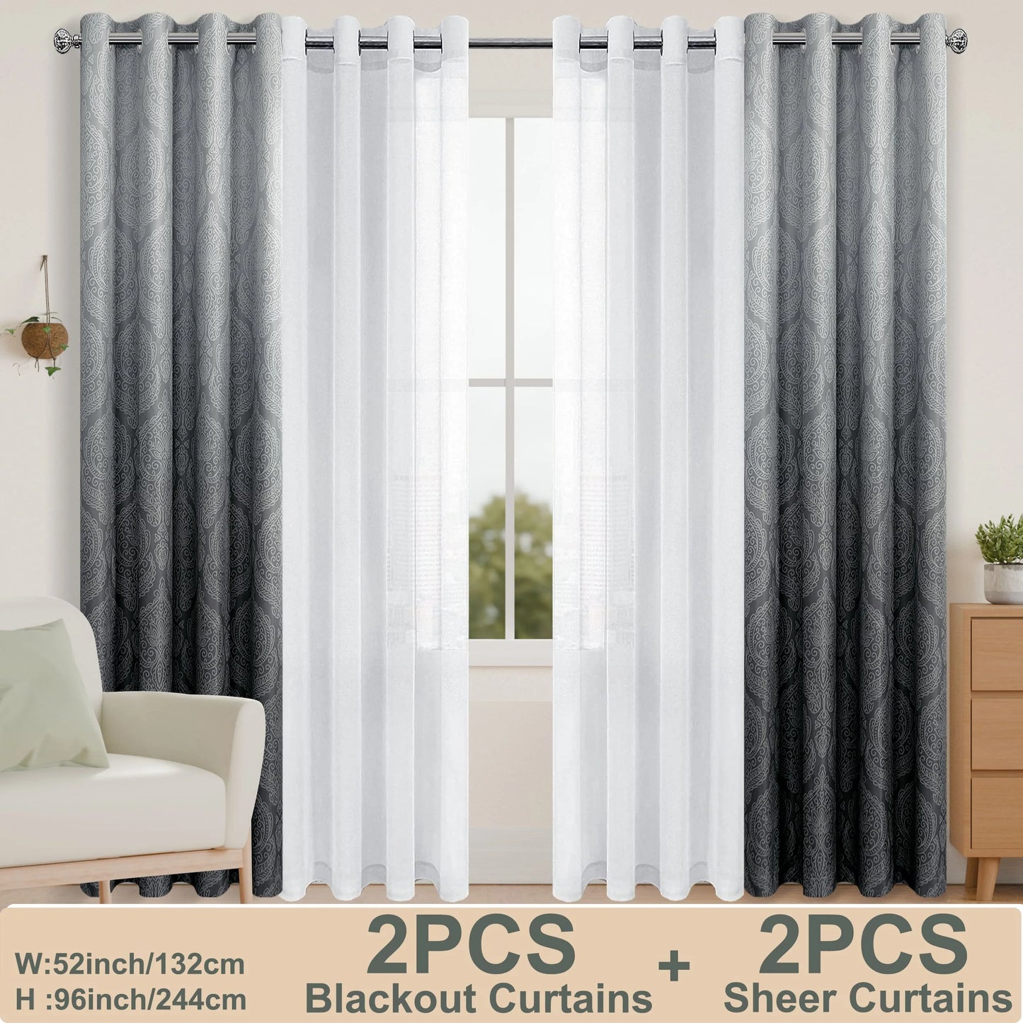4pcs/SET Curtains - 2pcs Ombre Blackout Curtains And 2pcs Semi Sheer Curtains