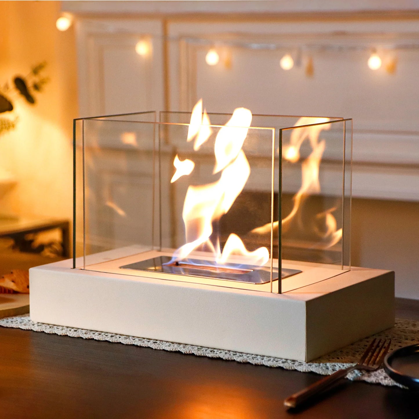 360° View Rectangular Tabletop Fireplace Fire Bowl With Four-Sided Glass
