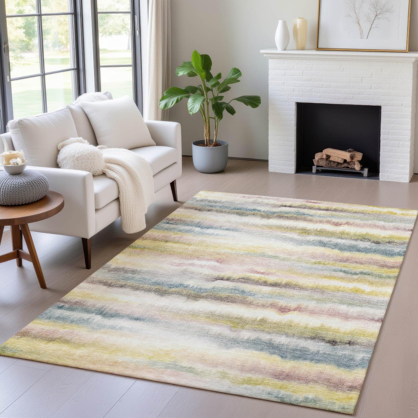 5' X 8' Gold Gray and Ivory Striped Washable Indoor Outdoor Area Rug