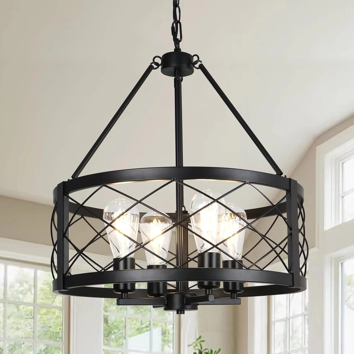 Black Industrial Chandelier Four Light Drum Fixture