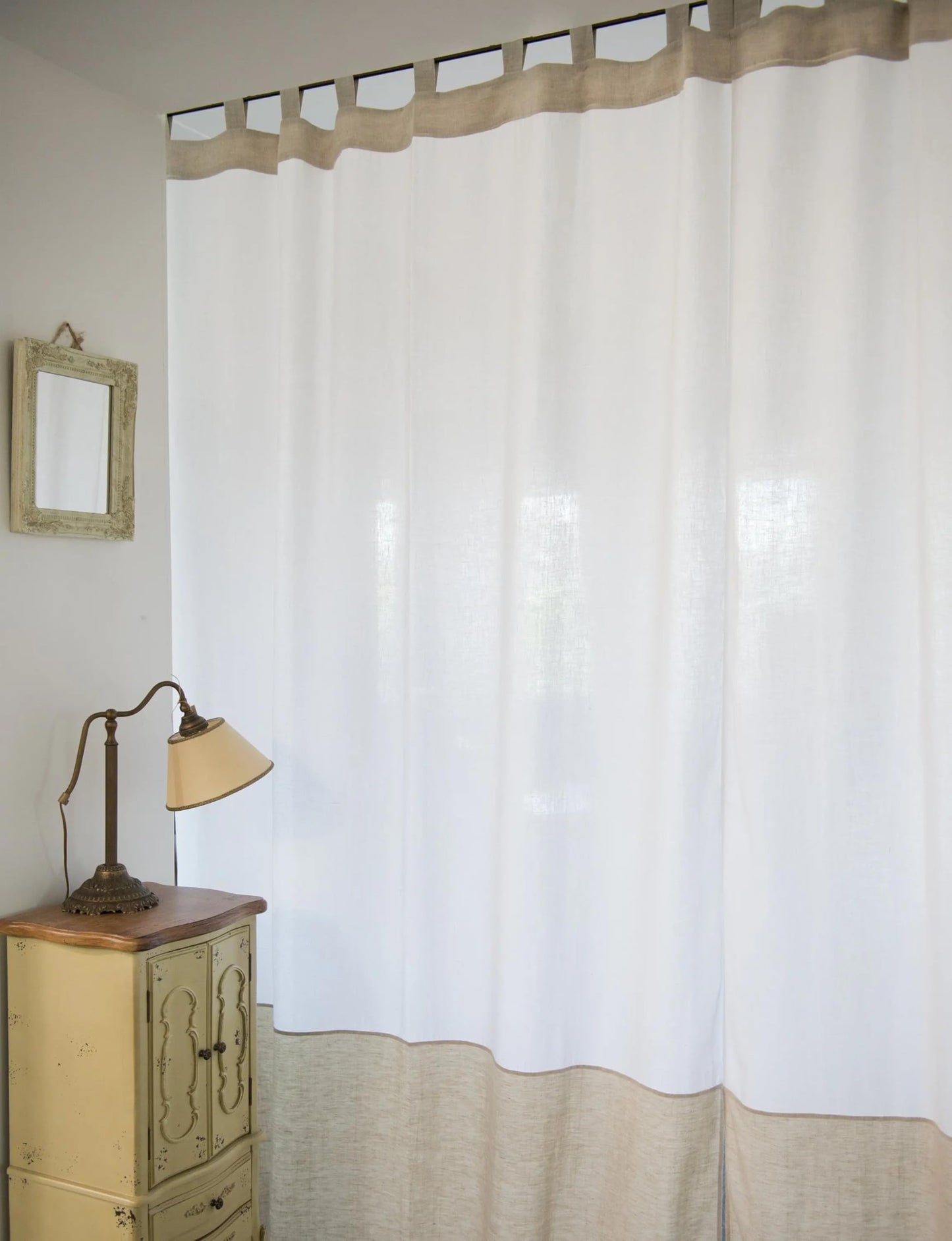 White and Natural Light Linen Curtains with tabs, Two Tones 274 cm/ 108 inches