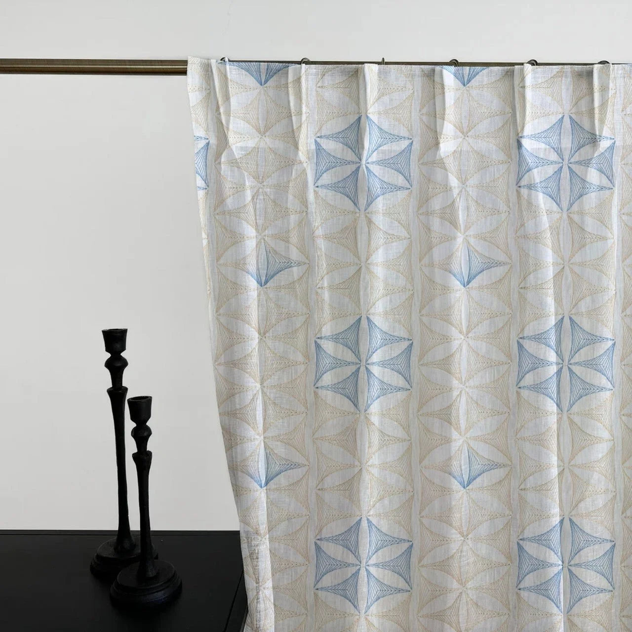 Geometric Embroidered Linen Sheer Curtains | Pinch Pleated | Opaque Privacy Light Filtering Curtains | Standard & Made to Measure