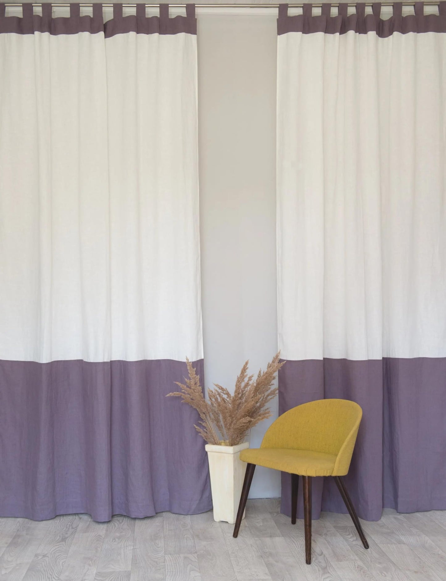 White and Natural Light Linen Curtains with tabs, Two Tones 250 cm/ 98 inches