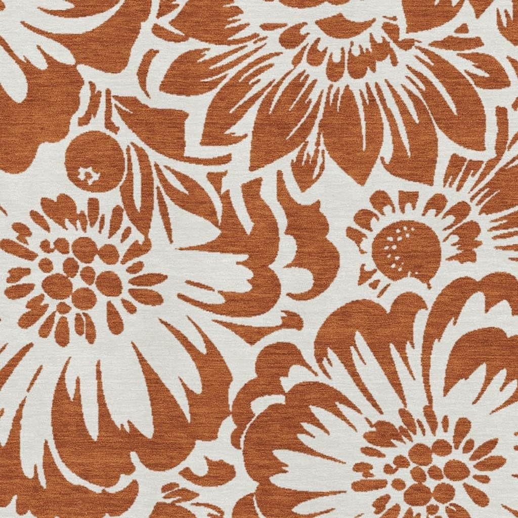 5' X 8' Rust and Ivory Floral Washable Area Rug with UV Protection