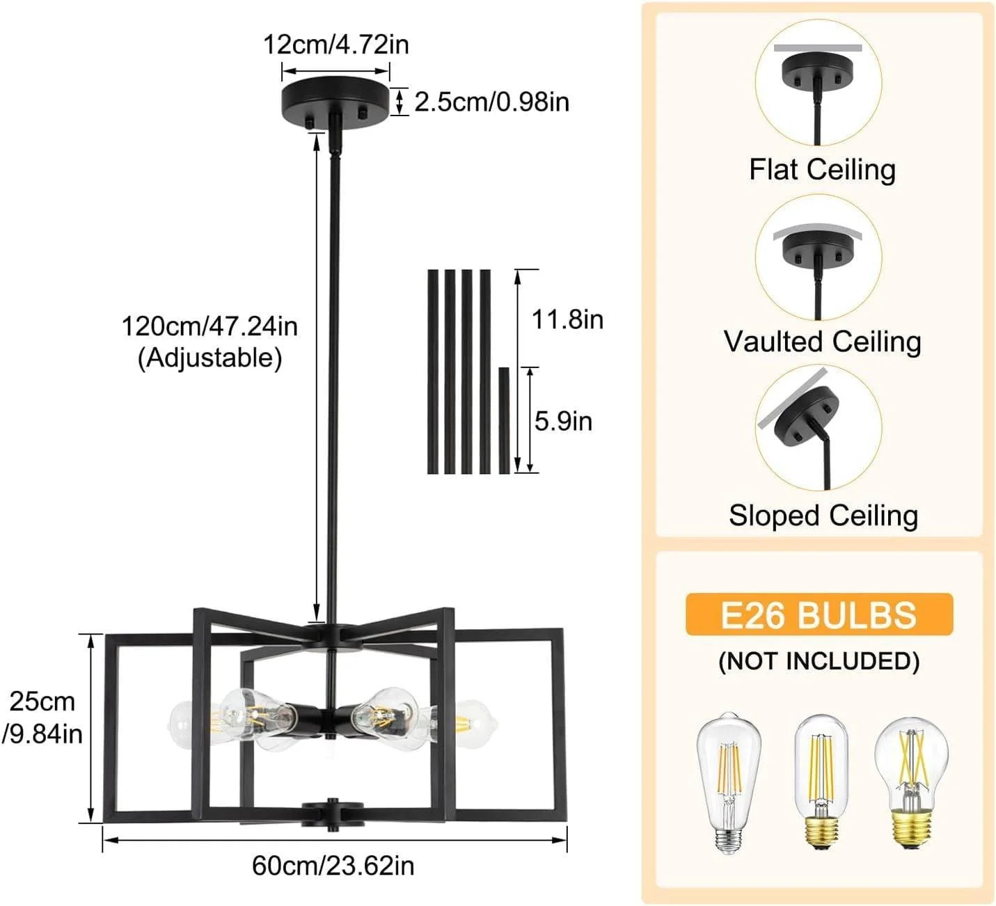 Black 23 Inch Farmhouse Chandelier For Dining Room