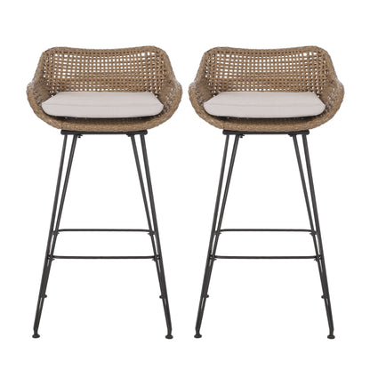 29.25' Outdoor Wicker and Iron Barstools, Light Brown, Beige Cushion (Set of 2)