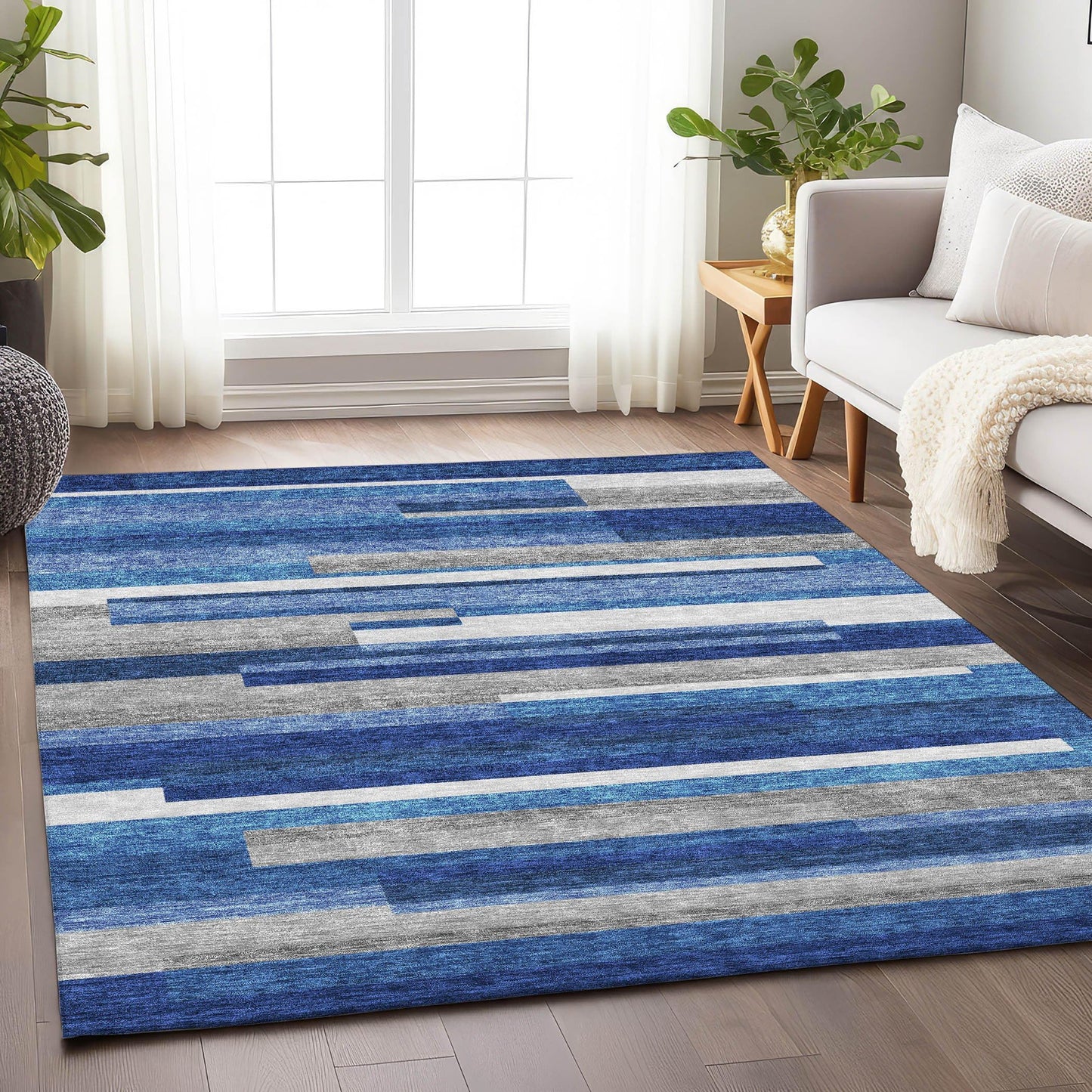 5' X 8' Blue Gray and Ivory Striped Washable Area Rug with UV Protection