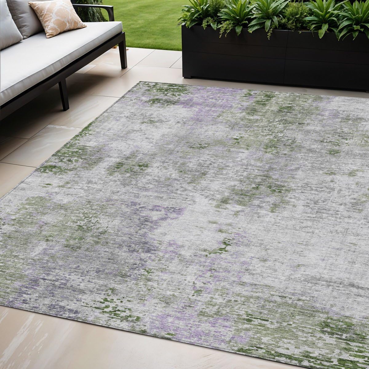 5' X 8' Olive Green and Gray Abstract Washable Indoor Outdoor Area Rug