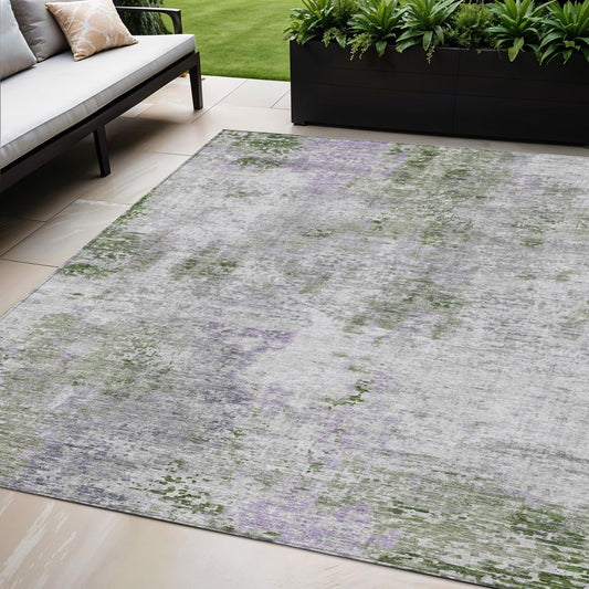 5' X 8' Olive Green and Gray Abstract Washable Indoor Outdoor Area Rug