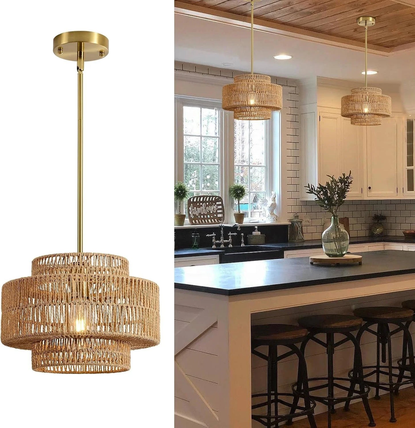 Boho Rattan Chandelier Handwoven Pendant Light Natural