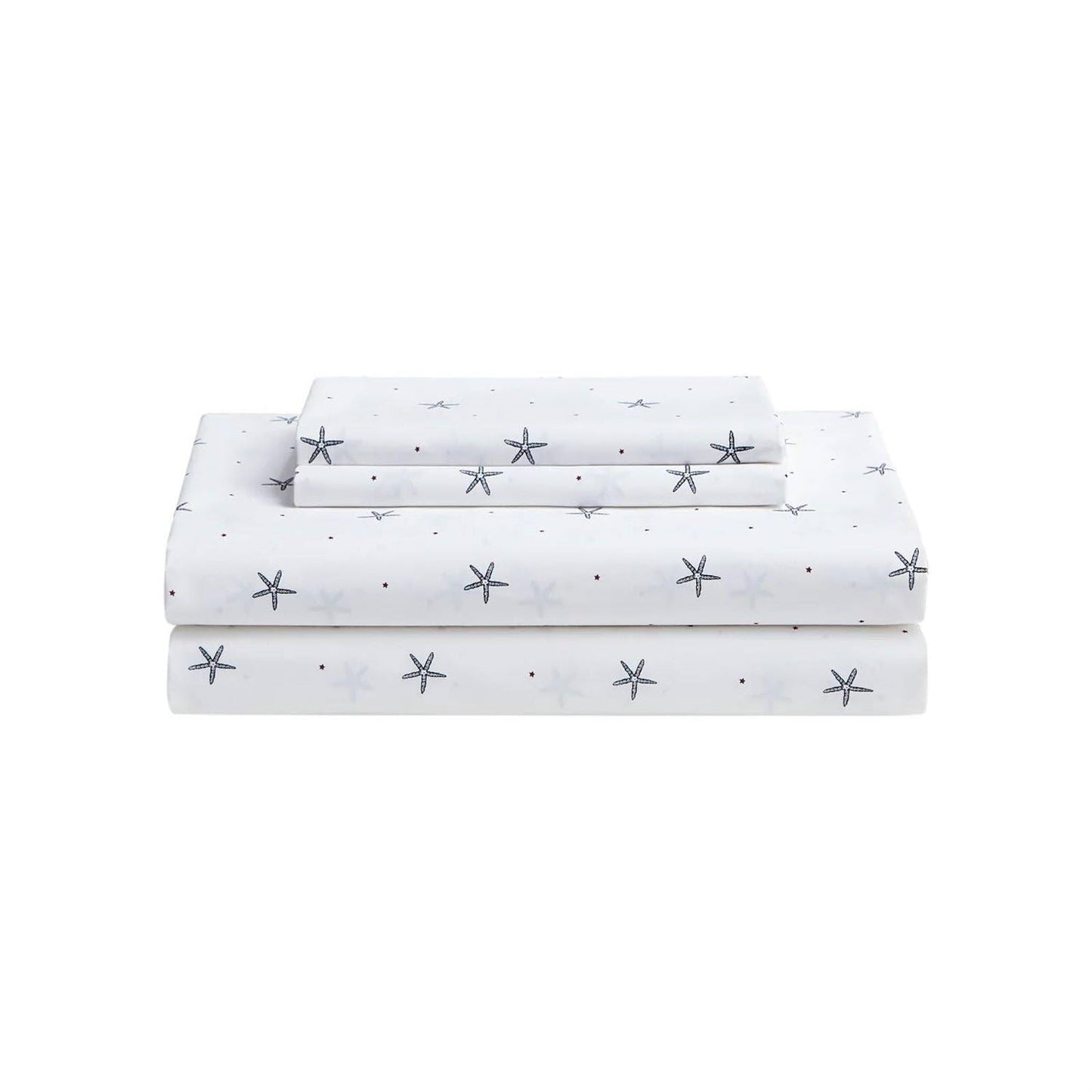 Queen Size Coastal Beach Starfish White Navy Red 100-Percent Cotton Sheet Set