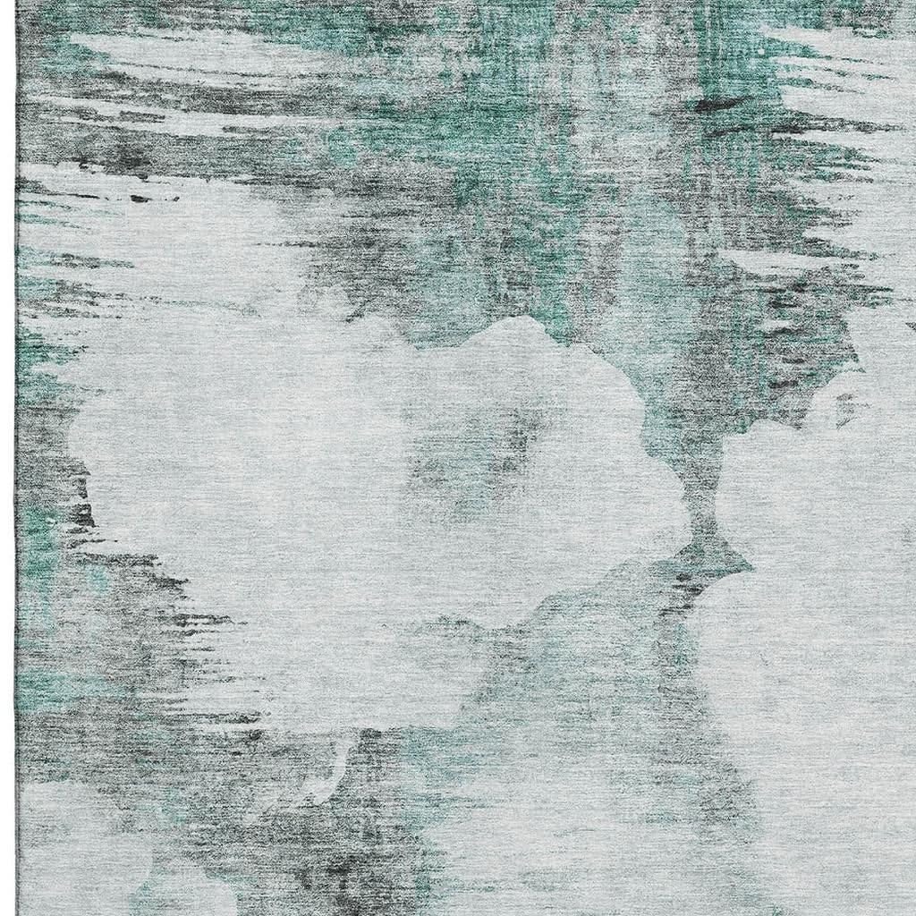 5' X 8' Teal Gray and Ivory Abstract Washable Area Rug with UV Protection