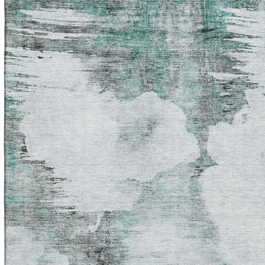 5' X 8' Teal Gray and Ivory Abstract Washable Area Rug with UV Protection
