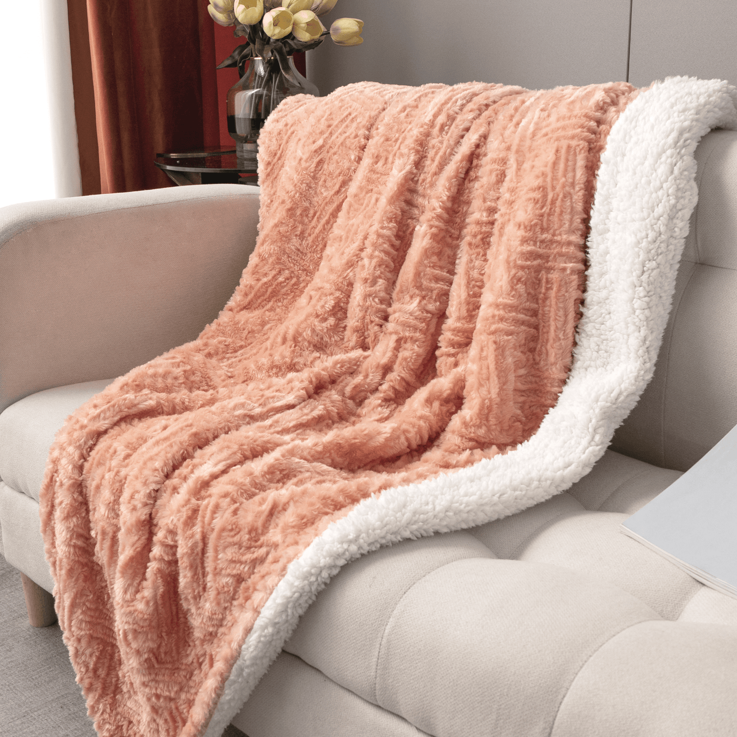 DaDa Bedding Coral Peach Rose Faux Fur Throw Blanket - Dreamy