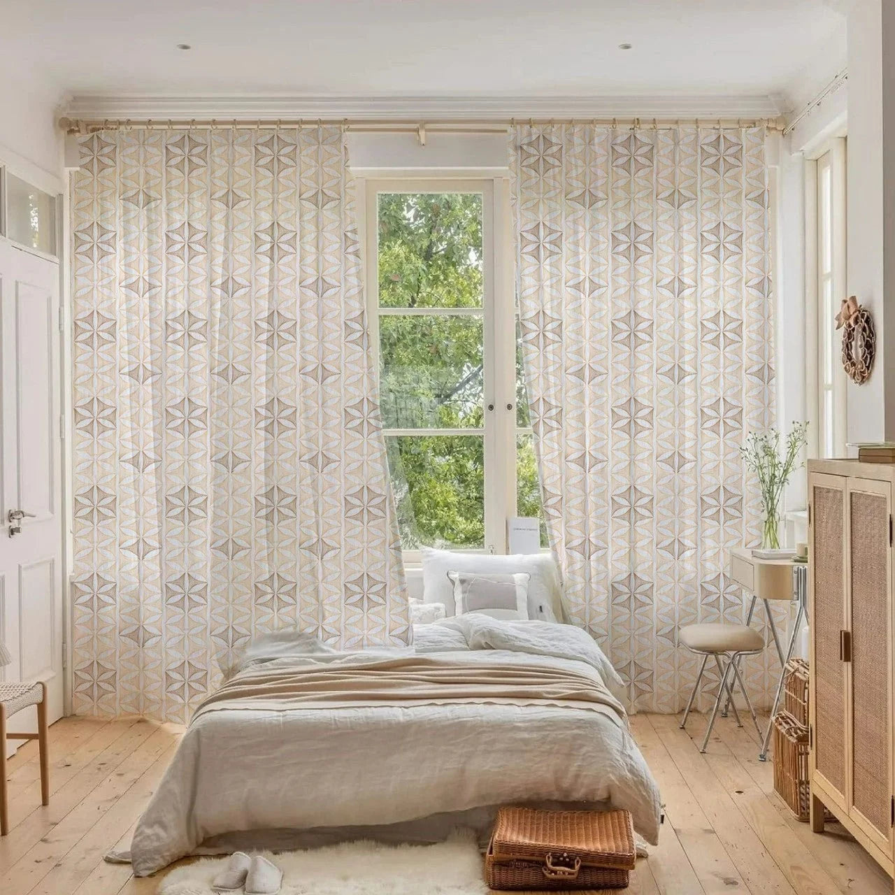 Geometric Embroidered Linen Sheer Curtains | Pinch Pleated | Opaque Privacy Light Filtering Curtains | Standard & Made to Measure