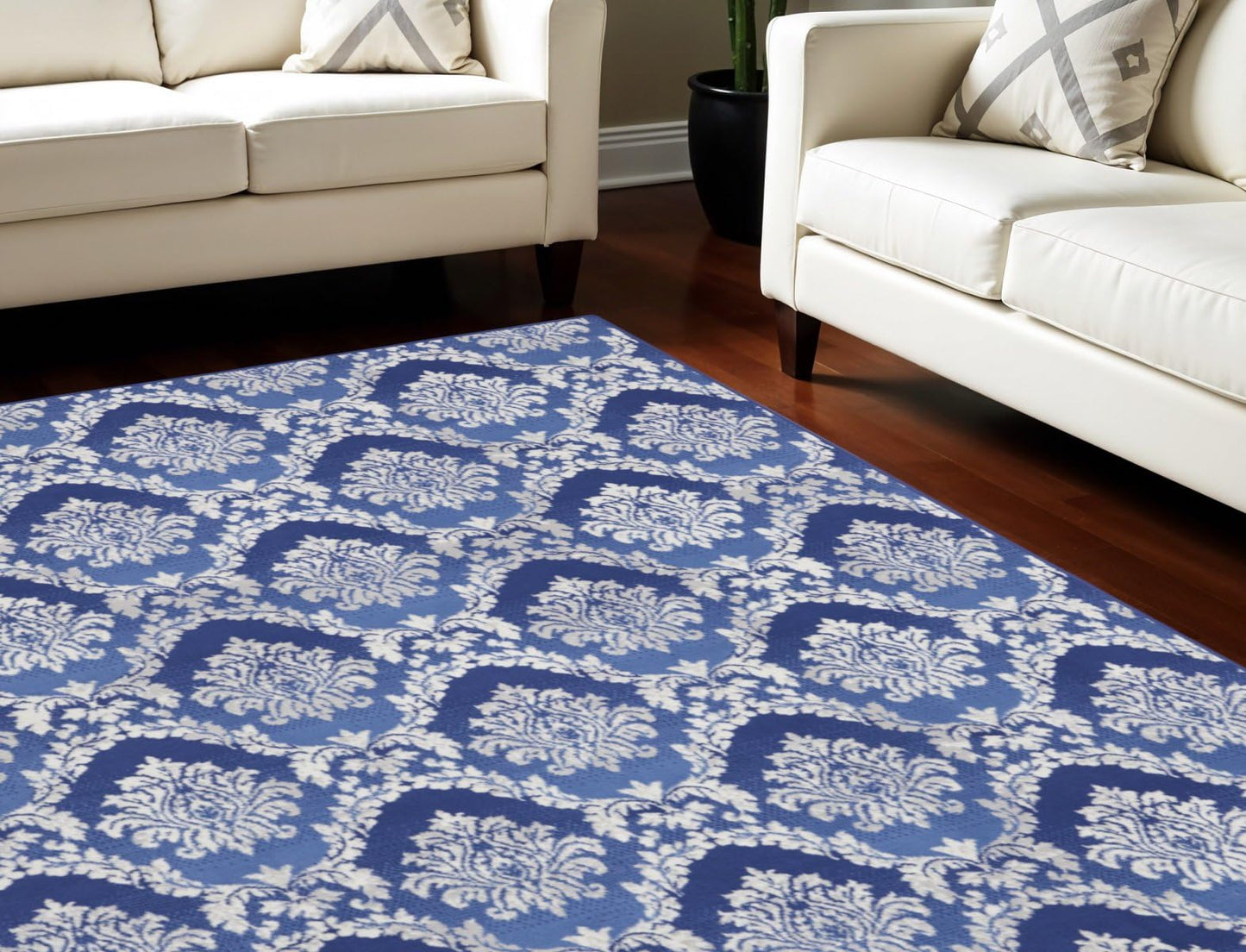 7' X 10' Ivory and Blue Damask Distressed Non Skid Area Rug