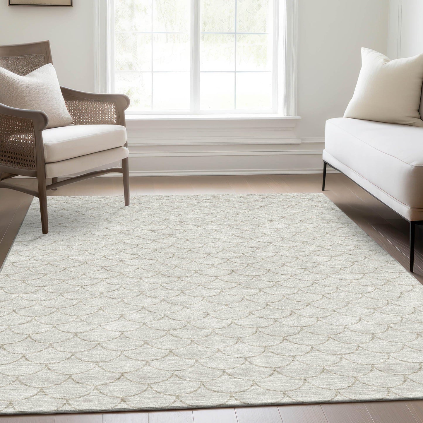 5' X 8' Ivory and Beige Geometric Washable Area Rug with UV Protection