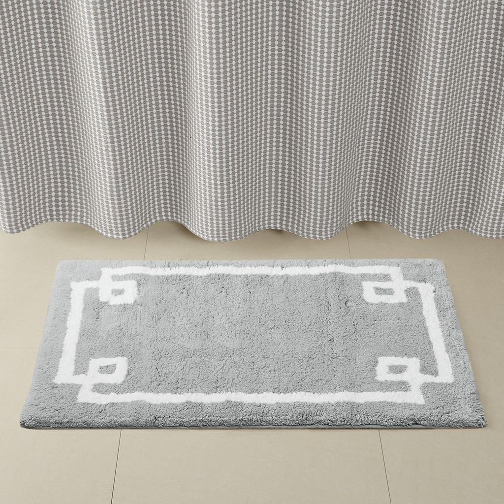 20" Gray and White Cotton Border Bath Rug