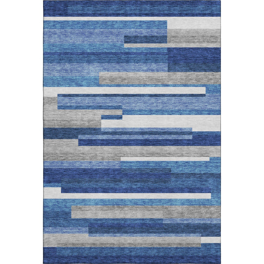 5' X 8' Blue Gray and Ivory Striped Washable Area Rug with UV Protection