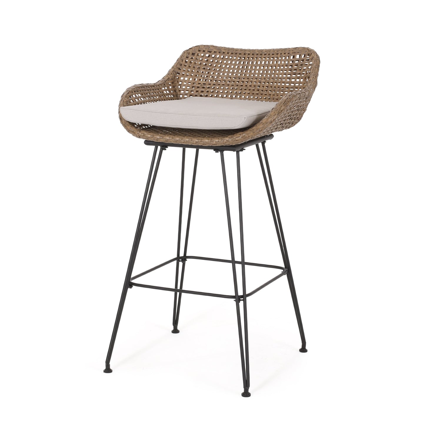 29.25' Outdoor Wicker and Iron Barstools, Light Brown, Beige Cushion (Set of 2)