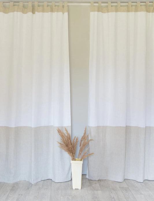 White and Natural Light Linen Curtains with tabs, Two Tones 241 cm/ 95 inches
