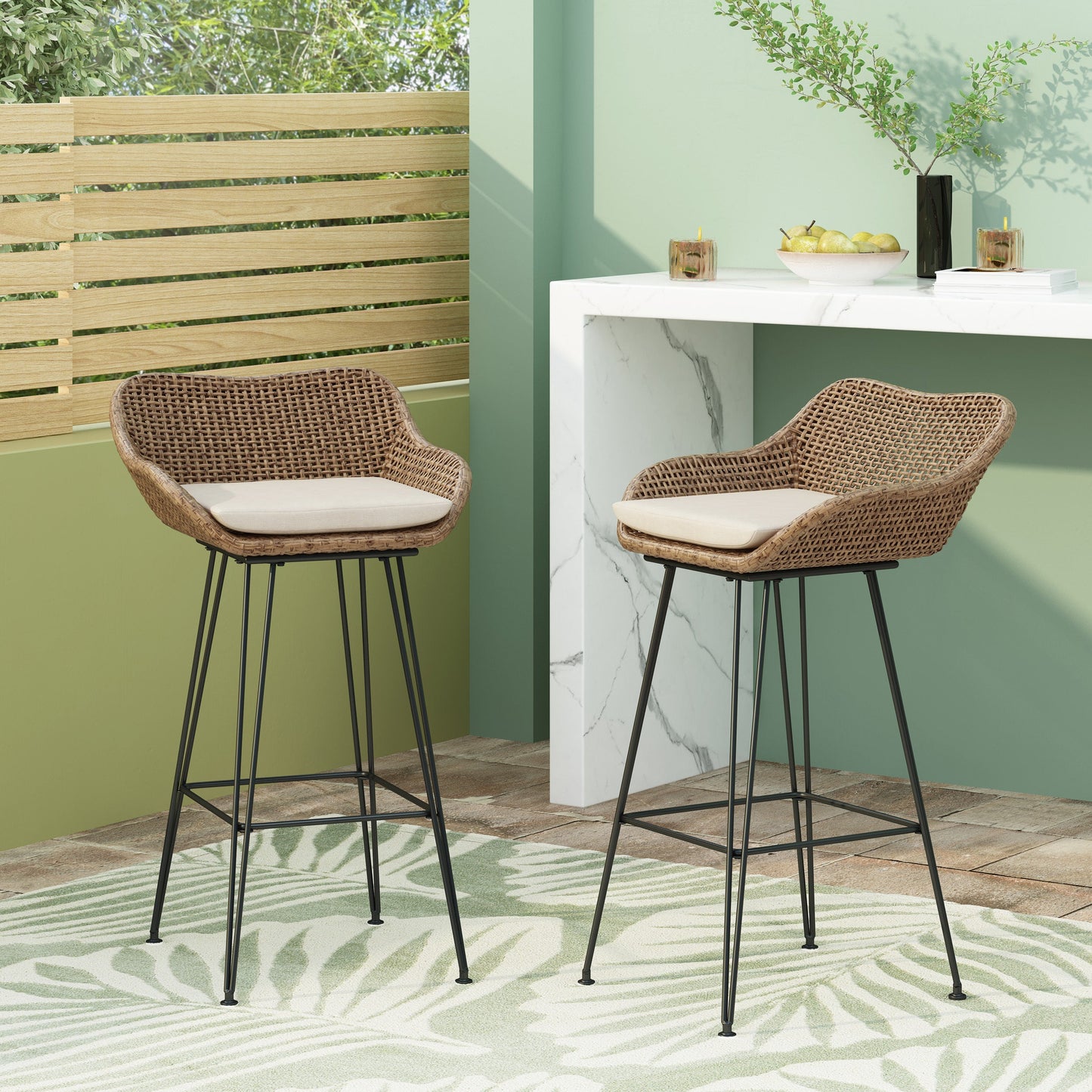 29.25' Outdoor Wicker and Iron Barstools, Light Brown, Beige Cushion (Set of 2)