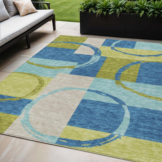 5' X 8' Denim Blue and Lime Green Geometric Washable Indoor Outdoor Area Rug