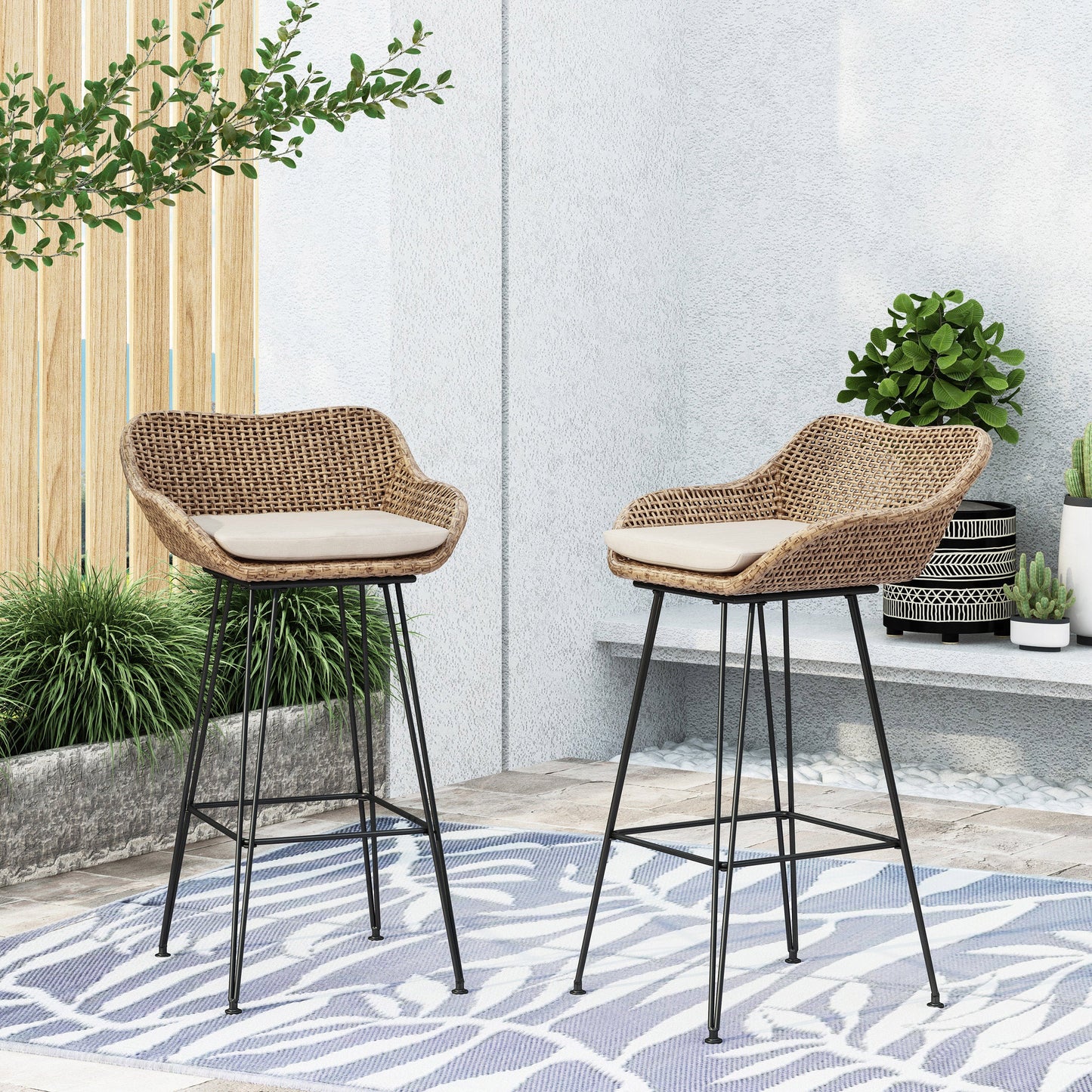 29.25' Outdoor Wicker and Iron Barstools, Light Brown, Beige Cushion (Set of 2)