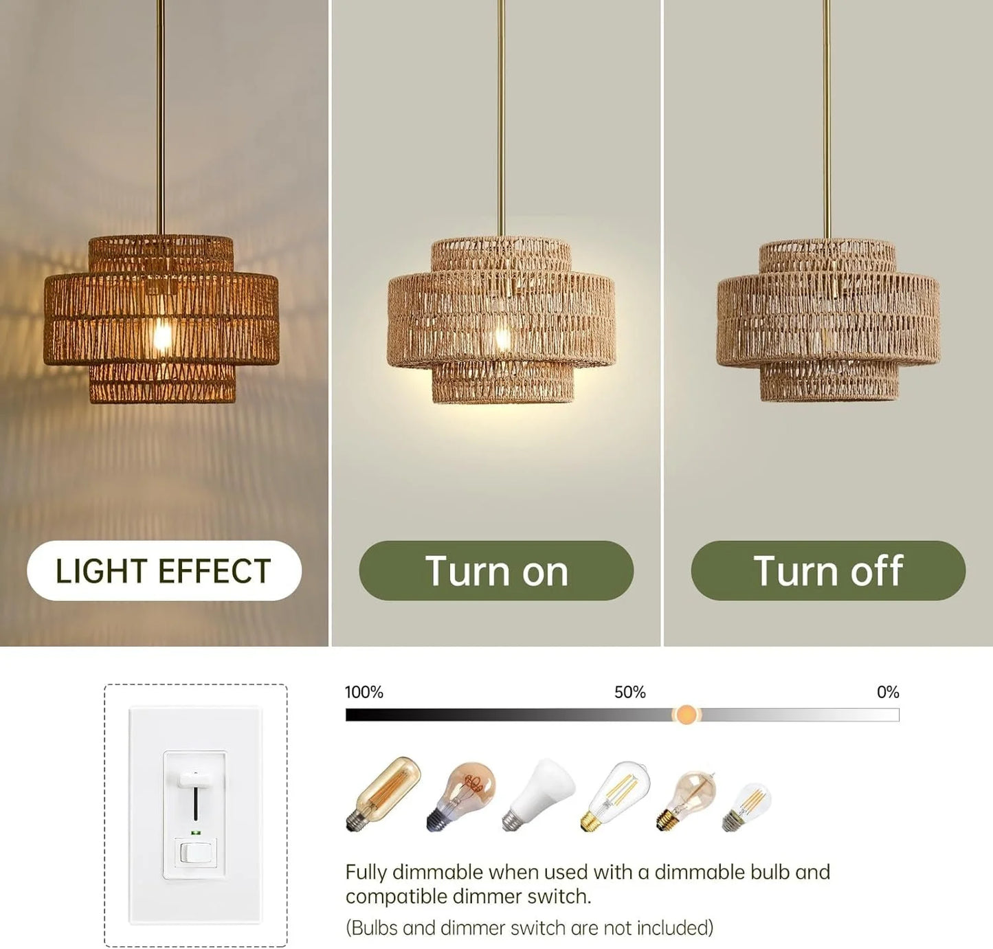 Boho Rattan Chandelier Handwoven Pendant Light Natural