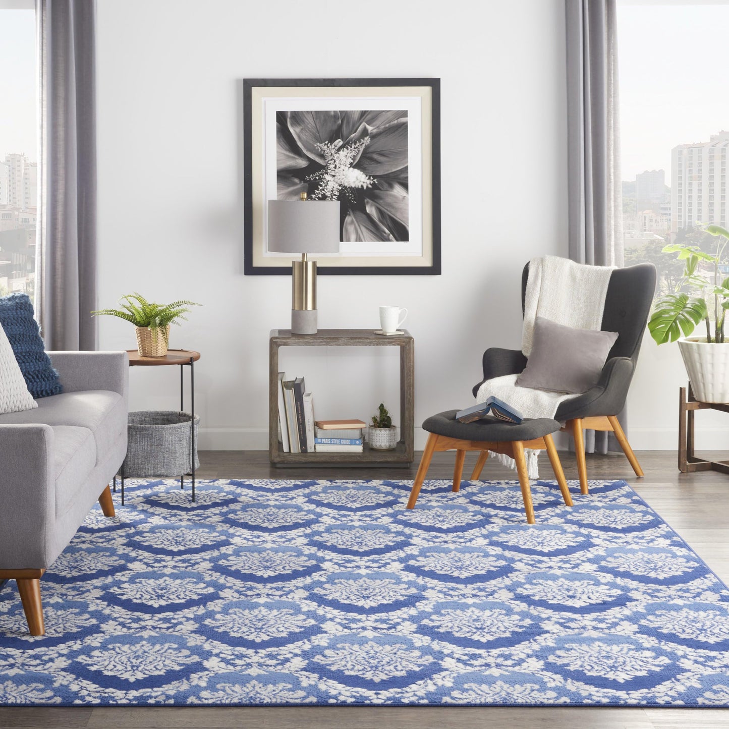 7' X 10' Ivory and Blue Damask Distressed Non Skid Area Rug