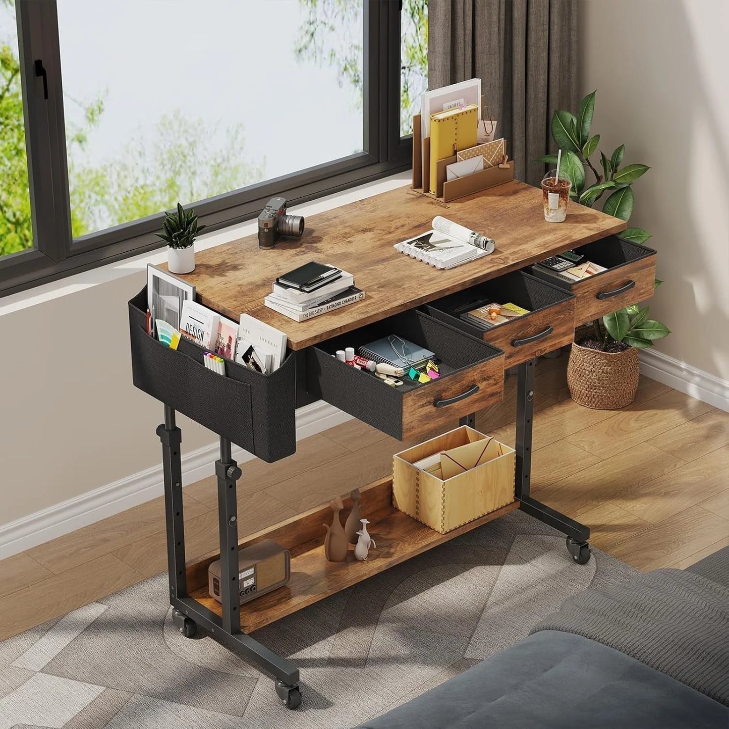 Rolling Height Adjustable Computer Desk With Drawers